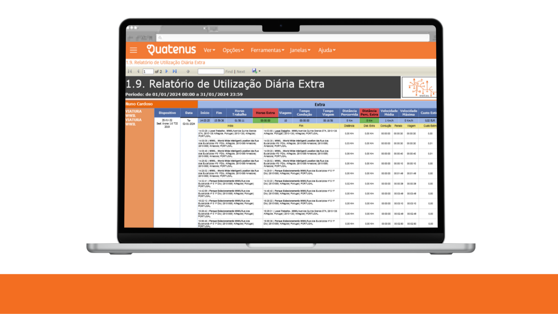 Laptop displaying a daily usage report in the Quatenus platform for operational analysis and activity controle